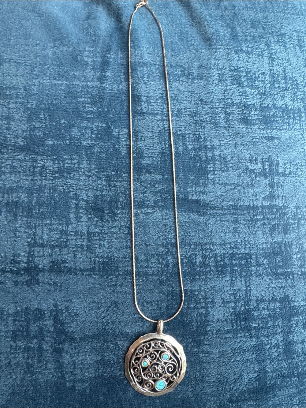 Sterling-Tone Filigree Pendant Necklace with Turquoise Accents - Silver